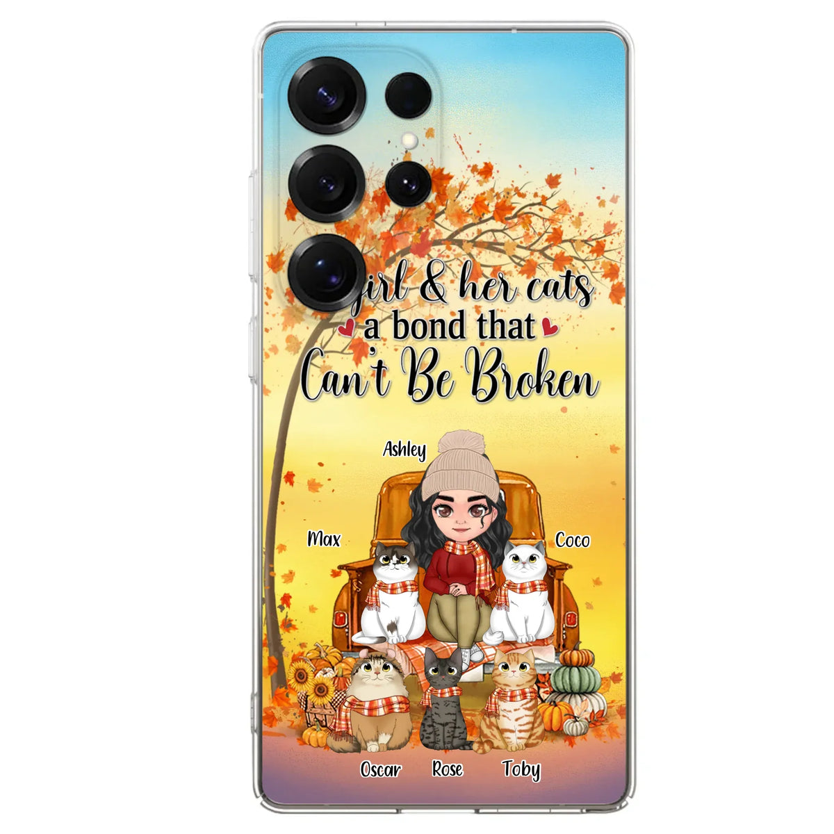 Custom Personalized Cat Mom Fall Season Phone Case - Gift Idea For Cat Owners - Upto 5 Cats -  Case For iPhone/Samsung - A Girl & Her Cats A Bond That Can't Be Broken