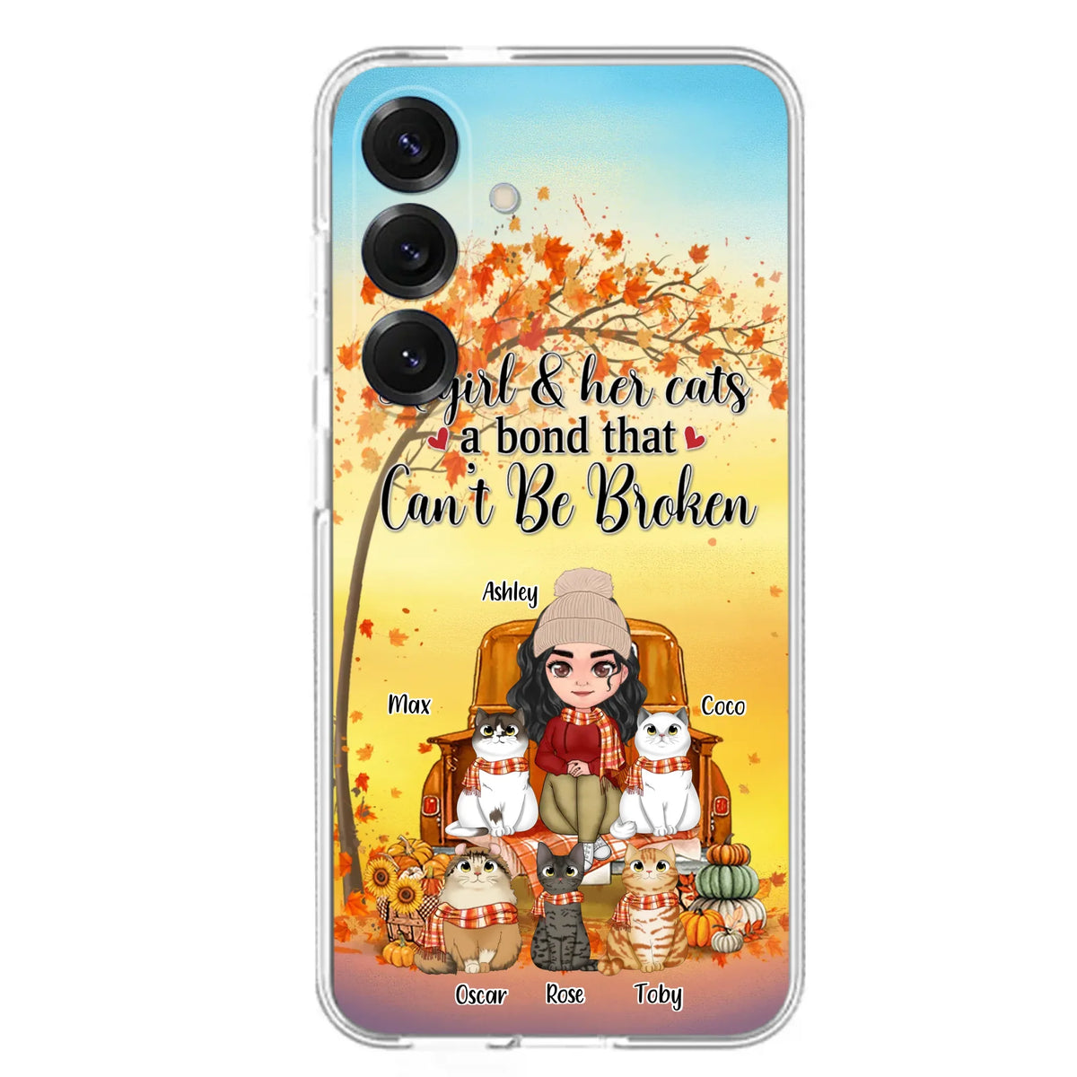 Custom Personalized Cat Mom Fall Season Phone Case - Gift Idea For Cat Owners - Upto 5 Cats -  Case For iPhone/Samsung - A Girl & Her Cats A Bond That Can't Be Broken