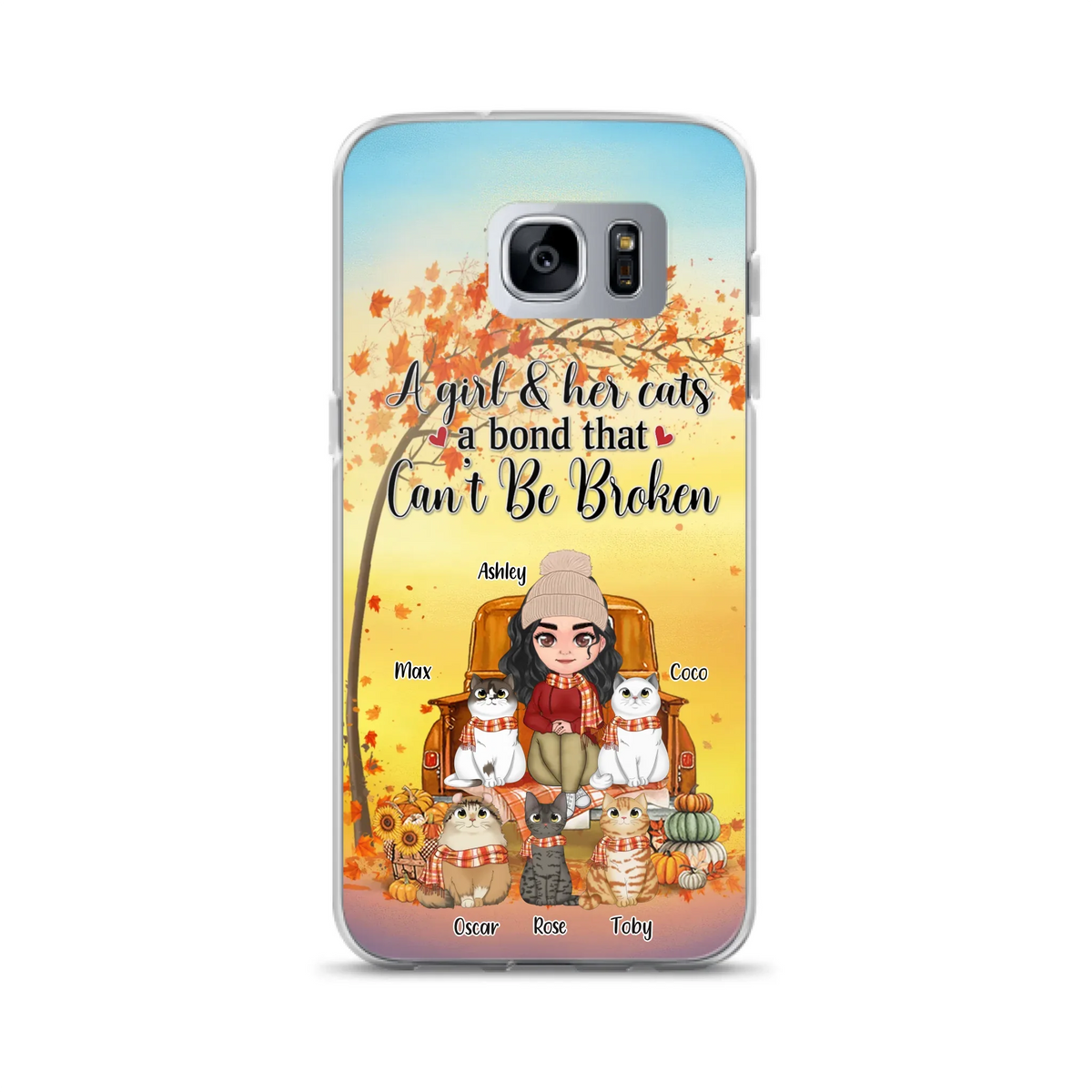 Custom Personalized Cat Mom Fall Season Phone Case - Gift Idea For Cat Owners - Upto 5 Cats -  Case For iPhone/Samsung - A Girl & Her Cats A Bond That Can't Be Broken