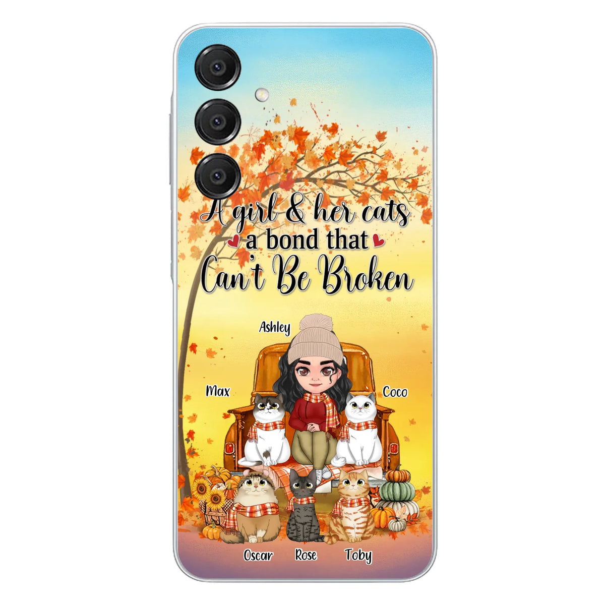 Custom Personalized Cat Mom Fall Season Phone Case - Gift Idea For Cat Owners - Upto 5 Cats -  Case For iPhone/Samsung - A Girl & Her Cats A Bond That Can't Be Broken