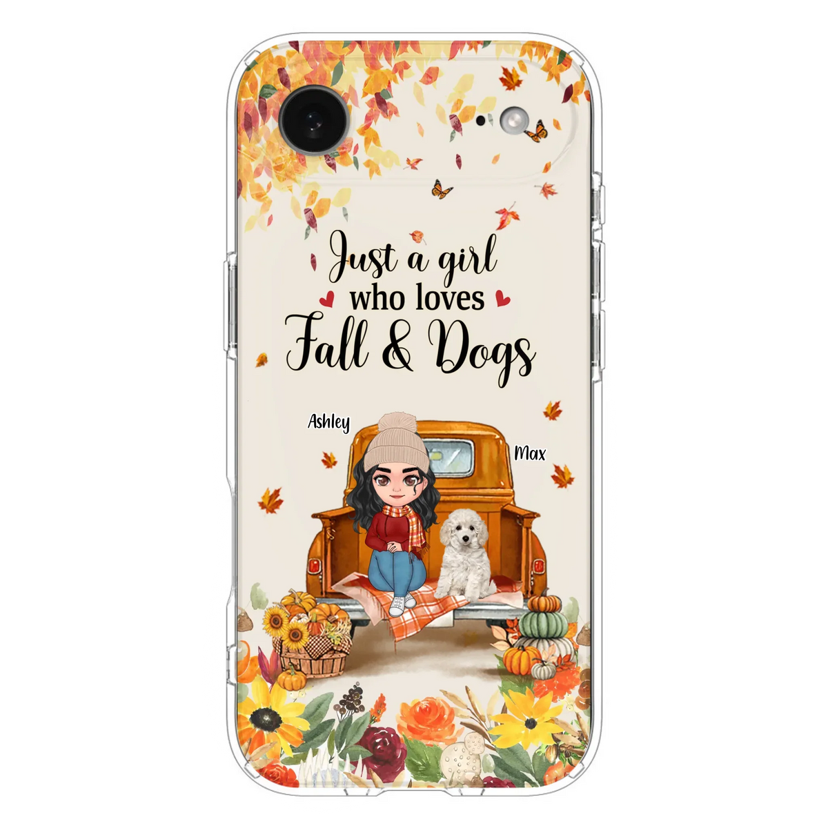 Custom Personalized Dog Mom Autumn Phone Case - Gift Idea For Dog Owners - Upto 5 Dogs -  Case For iPhone/Samsung - Just A Girl Who Loves Fall & Dogs