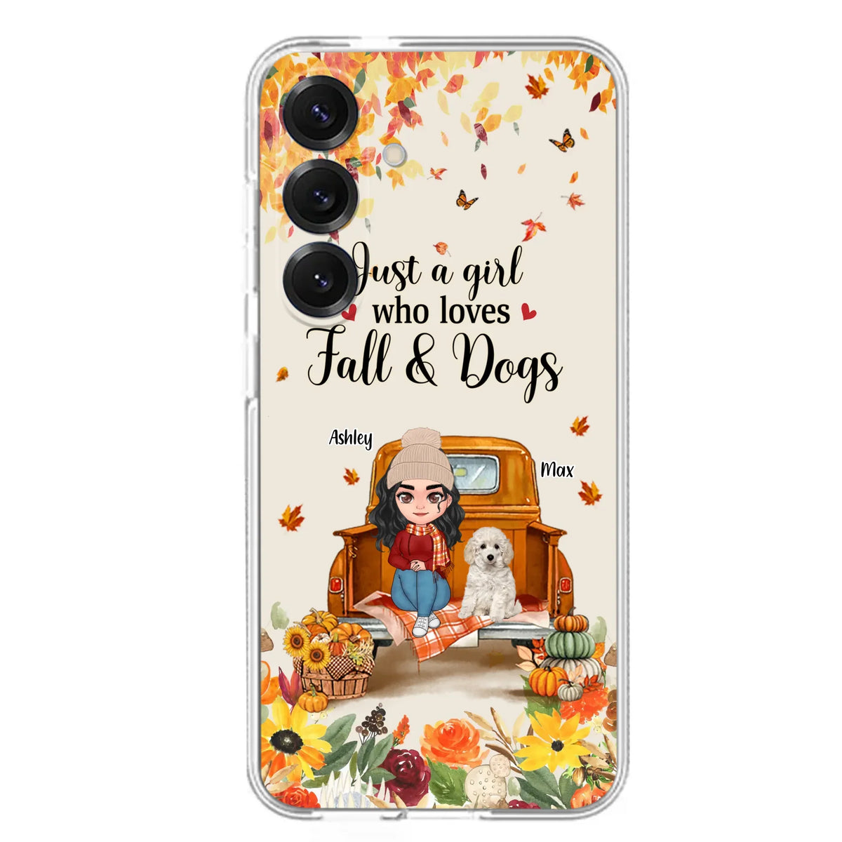 Custom Personalized Dog Mom Autumn Phone Case - Gift Idea For Dog Owners - Upto 5 Dogs -  Case For iPhone/Samsung - Just A Girl Who Loves Fall & Dogs