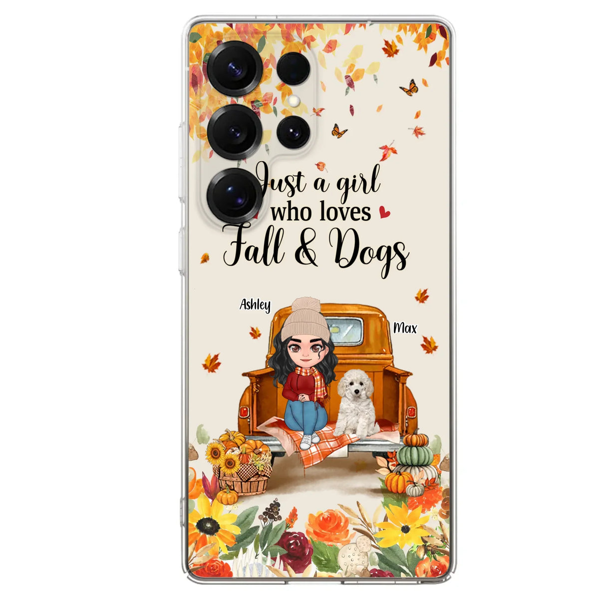Custom Personalized Dog Mom Autumn Phone Case - Gift Idea For Dog Owners - Upto 5 Dogs -  Case For iPhone/Samsung - Just A Girl Who Loves Fall & Dogs