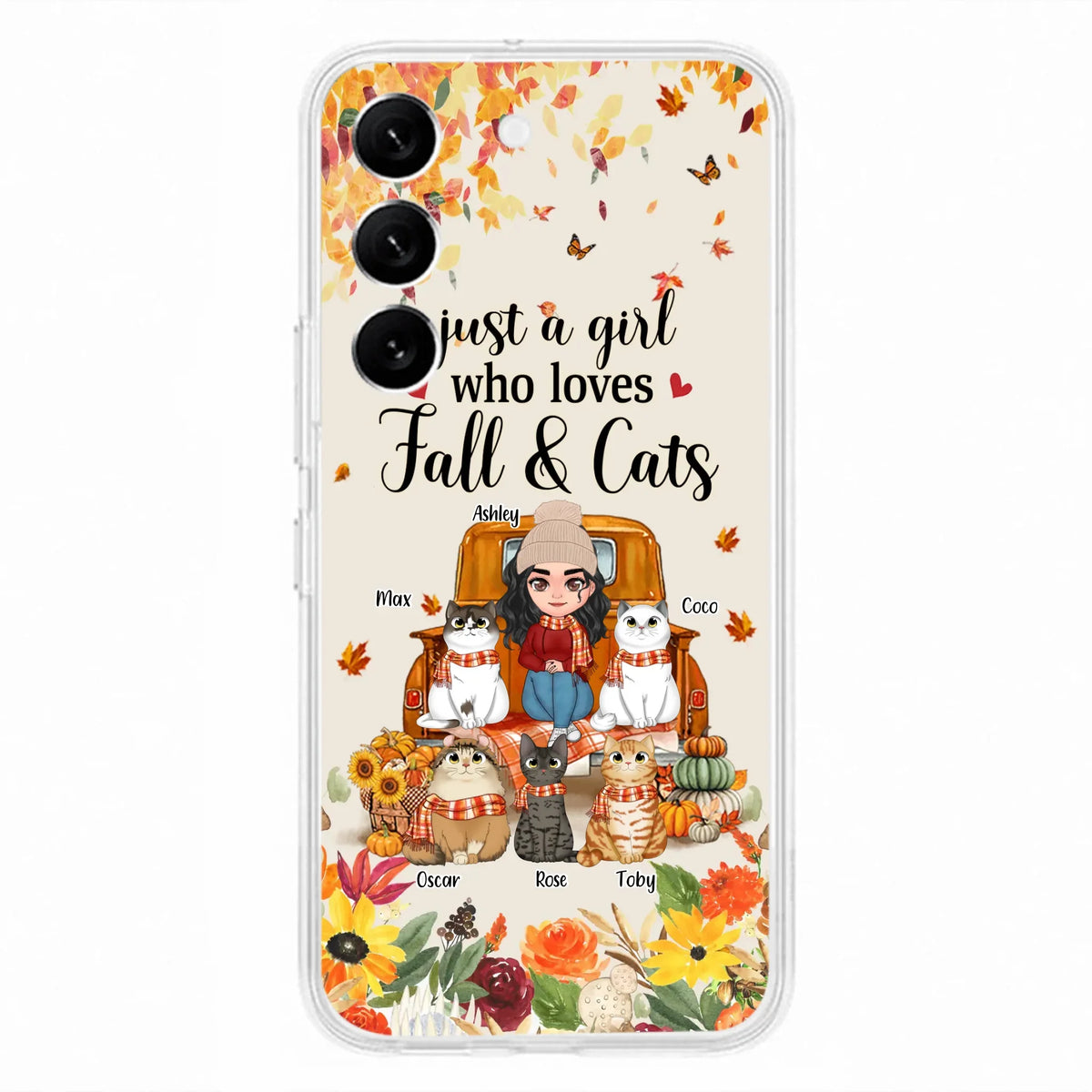 Custom Personalized Cat Mom Autumn Phone Case - Gift Idea For Cat Owners - Upto 5 Cats -  Case For iPhone/Samsung - Just A Girl Who Loves Fall & Cats