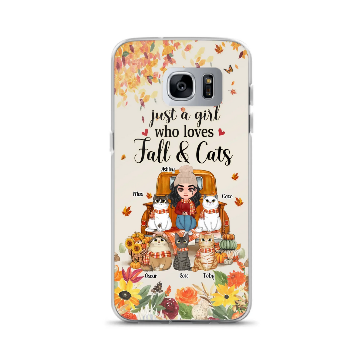 Custom Personalized Cat Mom Autumn Phone Case - Gift Idea For Cat Owners - Upto 5 Cats -  Case For iPhone/Samsung - Just A Girl Who Loves Fall & Cats