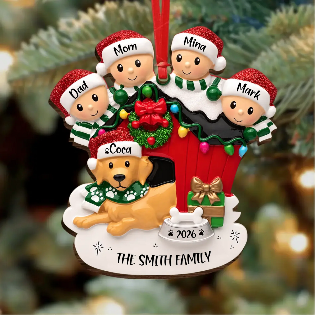 Custom Personalized Family Of 4 With Dog House Ornament 2026 - Christmas Gift Idea For Family With Dog