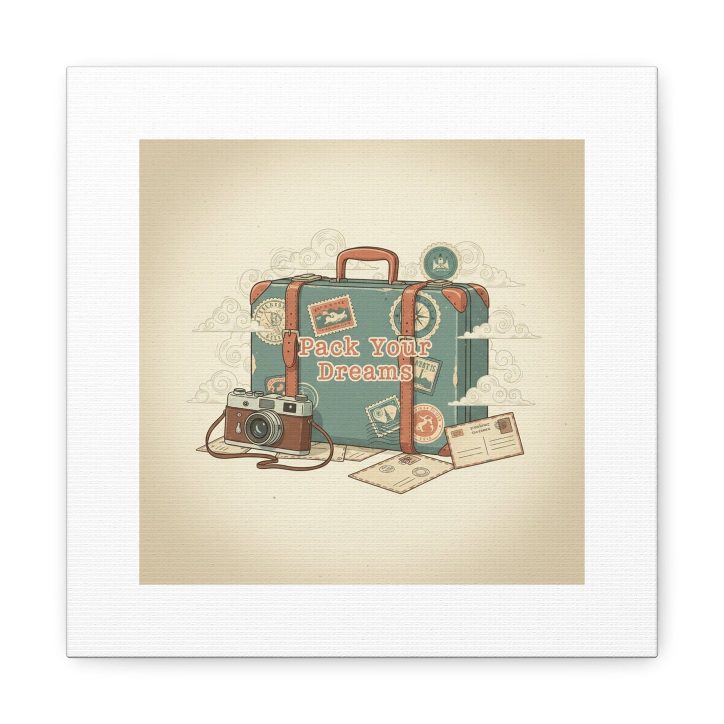 Pack Your Dreams Canvas | Retro Travel Postcard, Wanderlust Passport Stamp Art