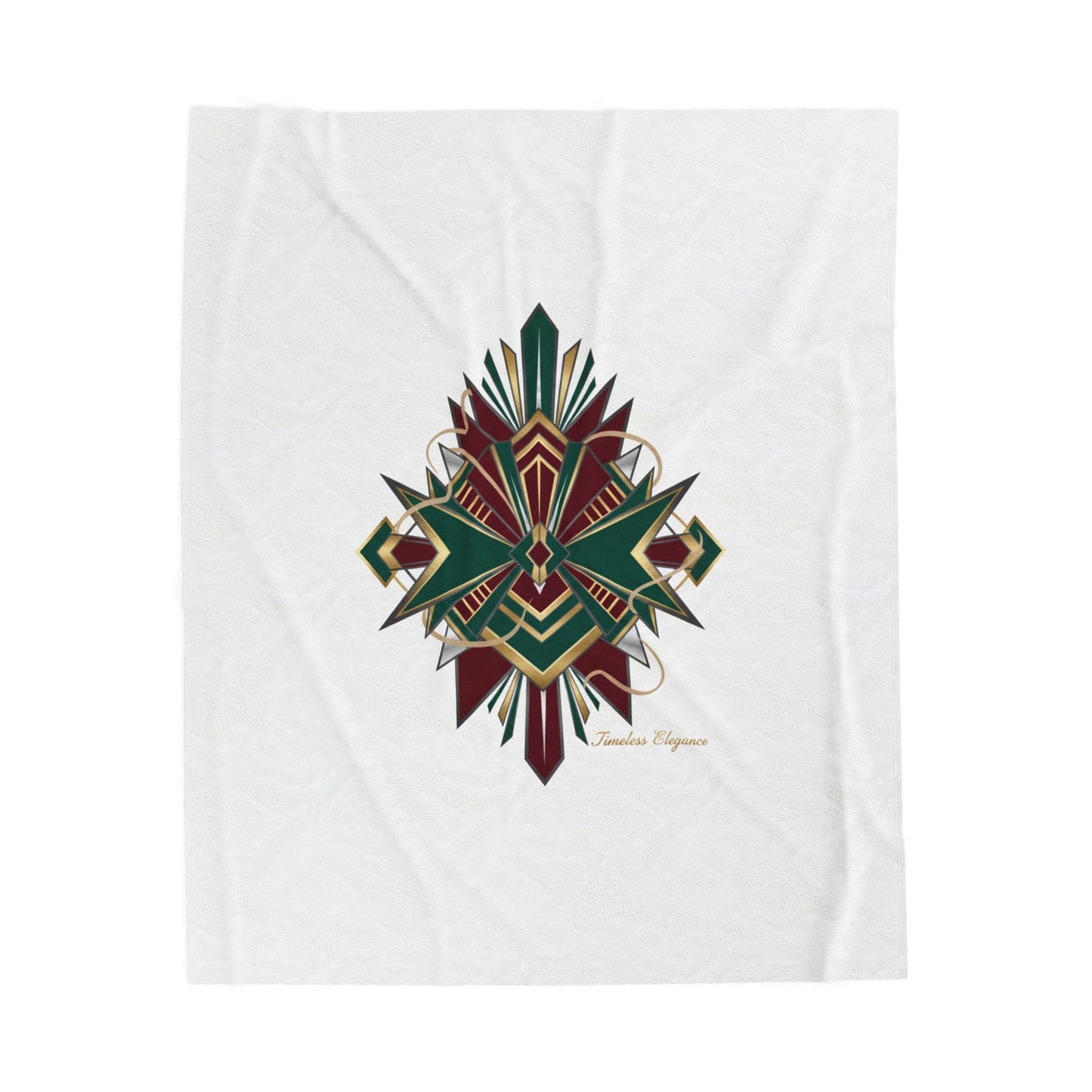 Art Deco Emerald & Burgundy Geometric Velvet Throw Blanket | Brass Chrome Fan Motif