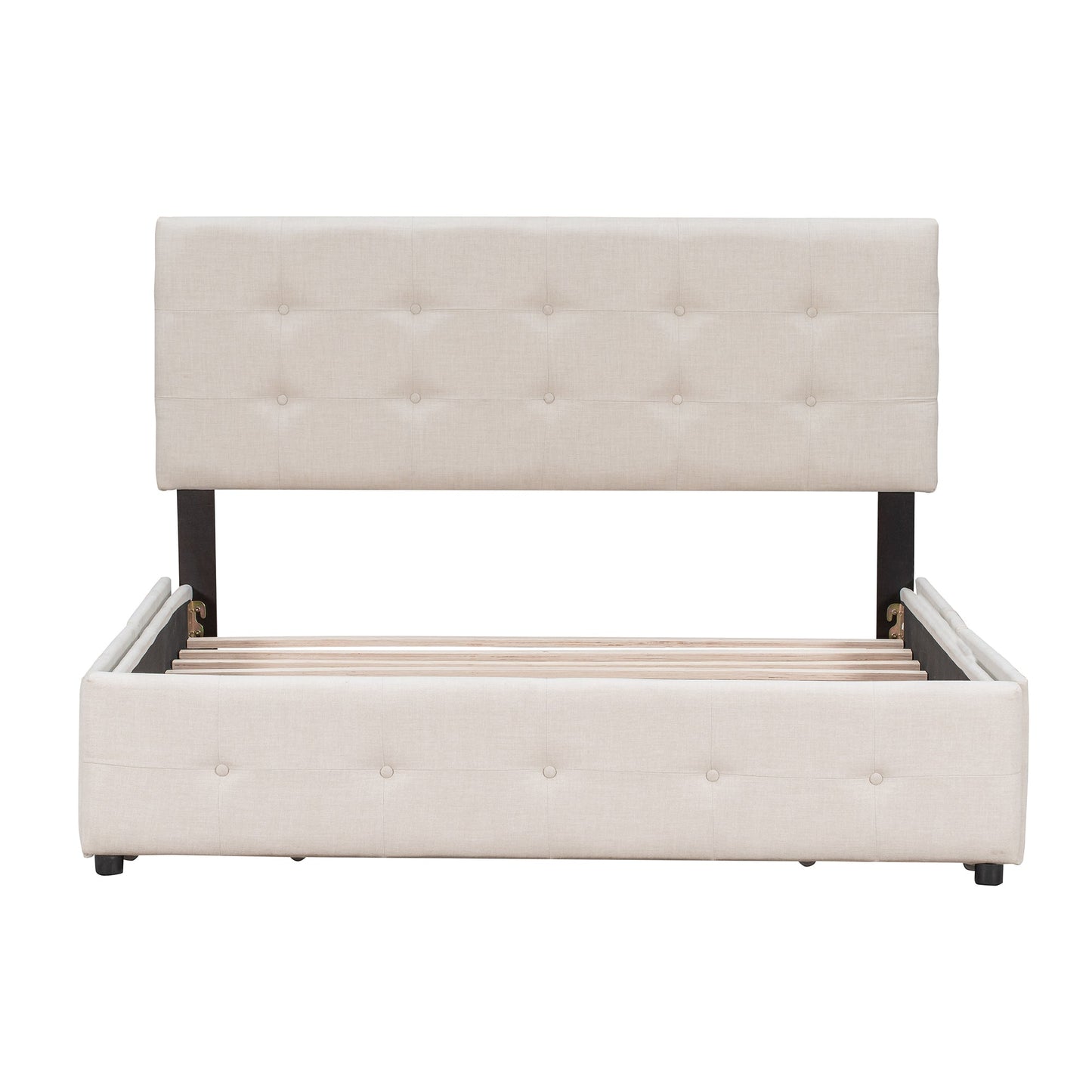 Upholstered Platform Bed with Classic Headboard and 4 Drawers No Box Spring Needed Linen Fabric Queen Size Beige