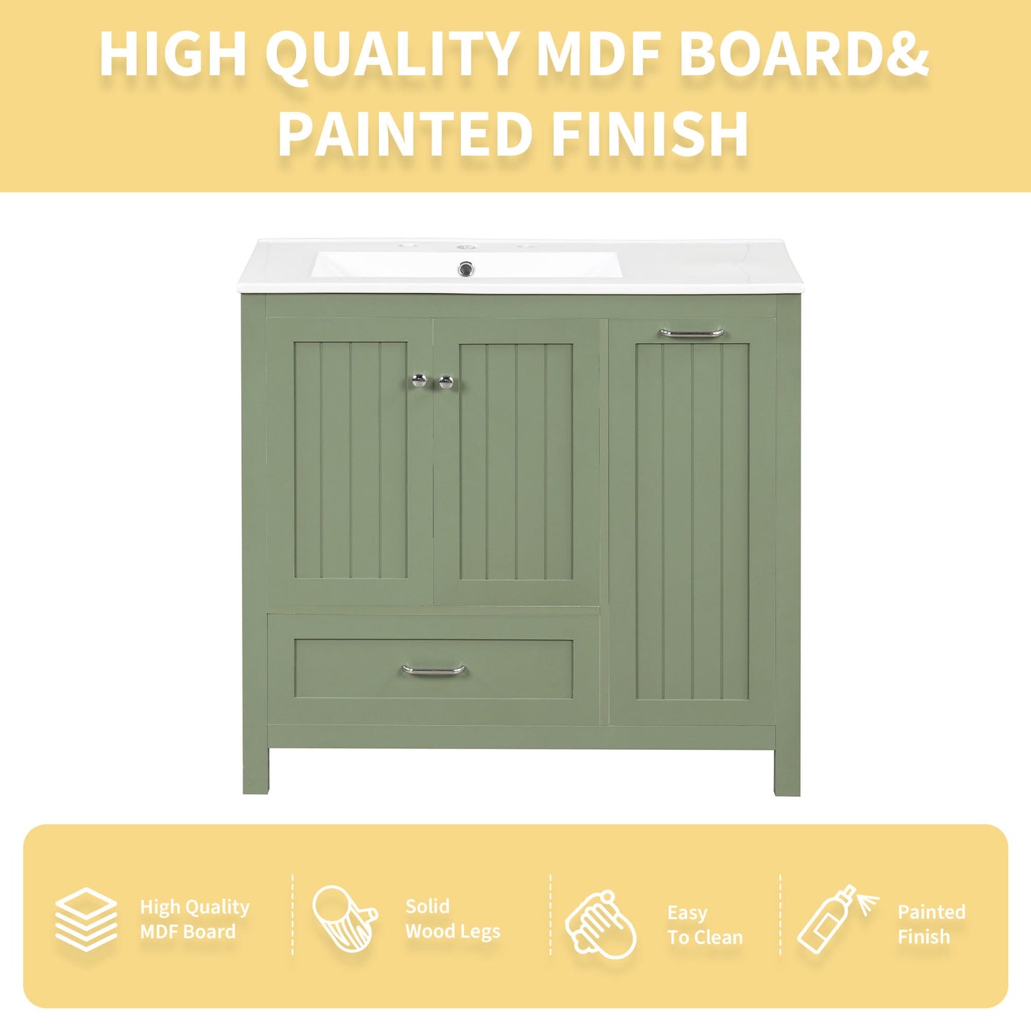36 inch bathroom vanity with sink, one double door cabinet one large drawer and one flip drawer solid wood and MDF board, green