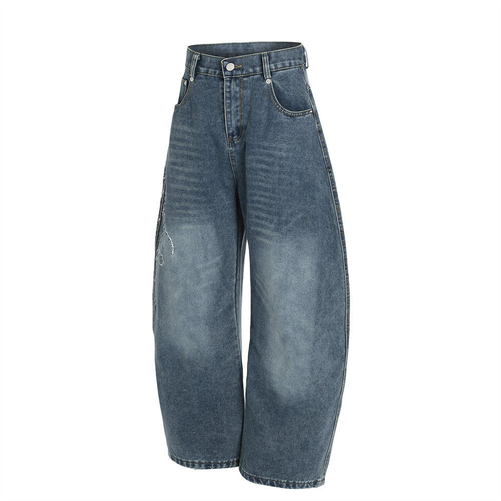 Streetwear High Street Letter Print Slash Denim Trousers Men's Work Pants Washed Vintage Loose Wide Leg Floor-Length Pants