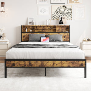 Black + Metal & Wood + Bedroom + Queen + Bed Frame + Box Spring Not Required