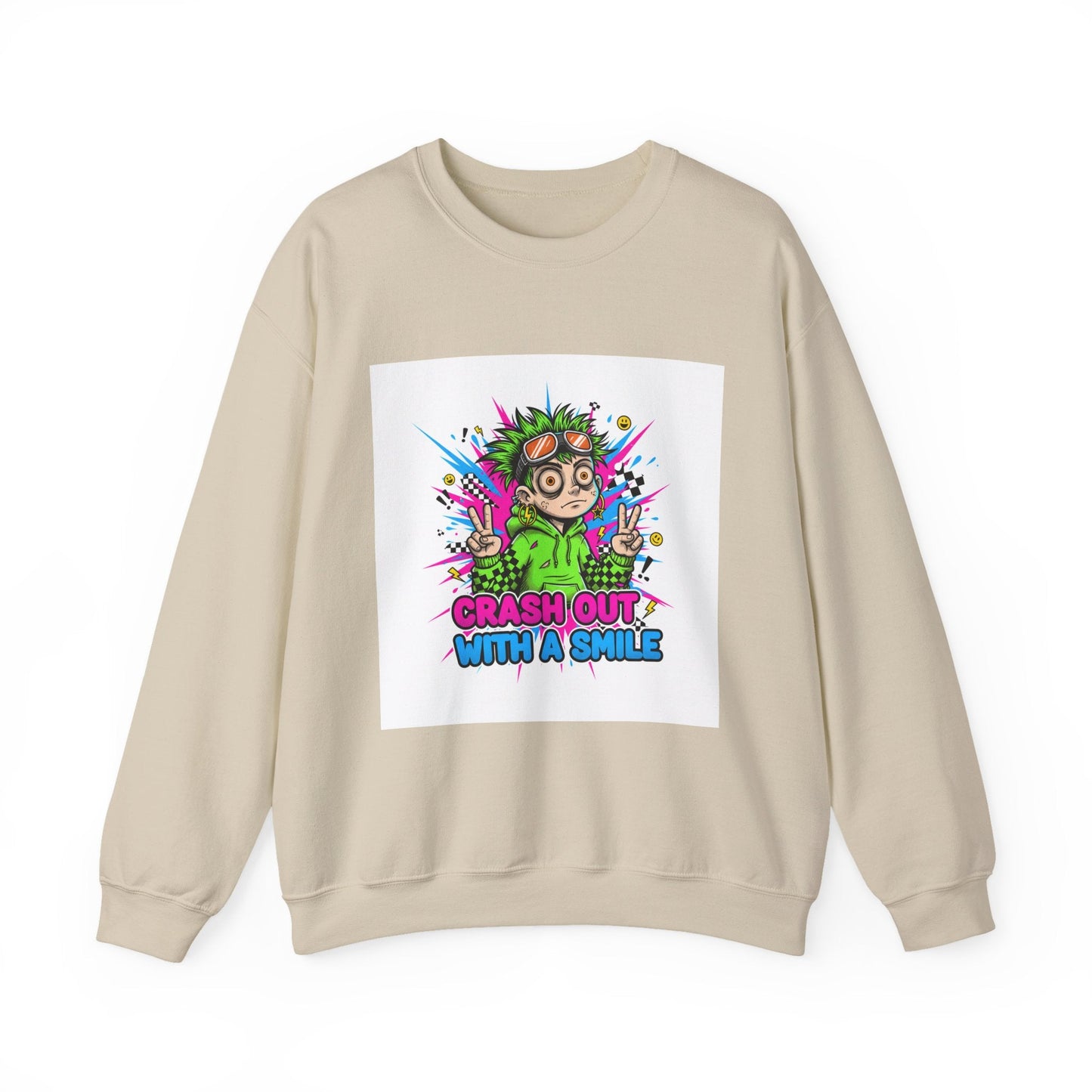 Crash Out With a Smile Sweatshirt | neon graffiti, meltdown streetwear