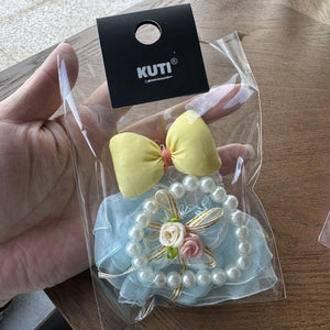 Blue Gauze Dress + Yellow Bow + Necklace [Three-Piece Set]