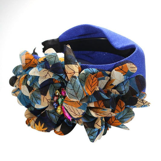 Handmade diamond inlaid fabric flower with teeth and anti slip exaggerated headband for women
