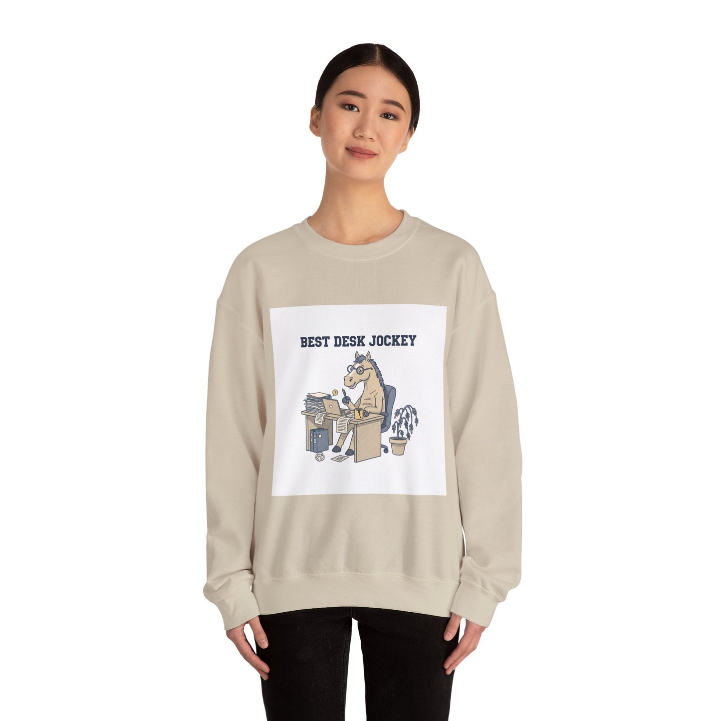 Workhorse Desk Jockey Sweatshirt | corporate burnout parody, collegiate horse design