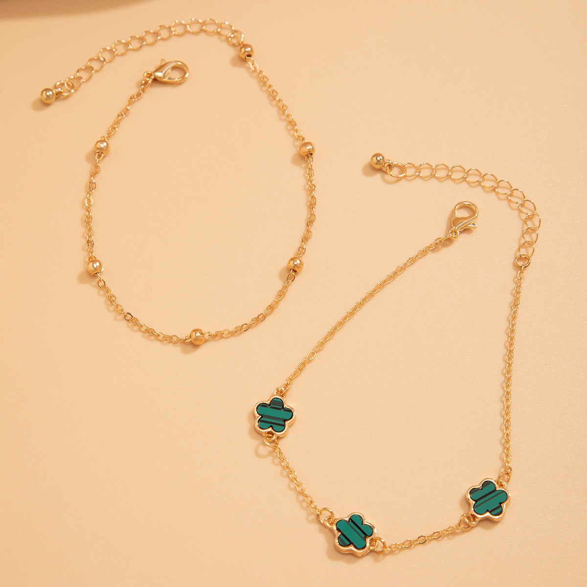 Double layer lucky five petal flower five leaf grass foot chain suit design sense flower shaped chain