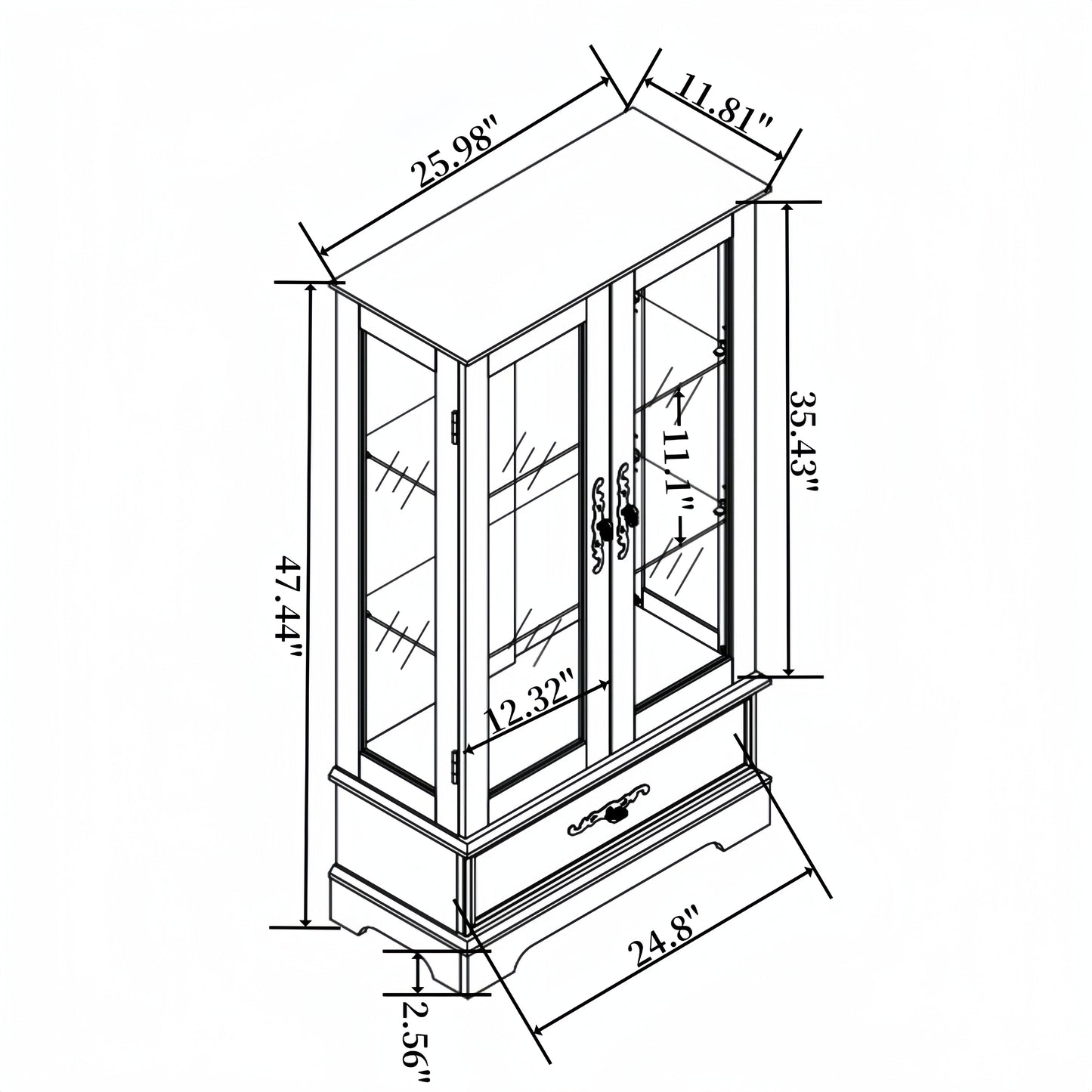 Light colored glass cabinet with adjustable glass frame, including cabinet light bulbs OAK with 2 doors and 1 drawer