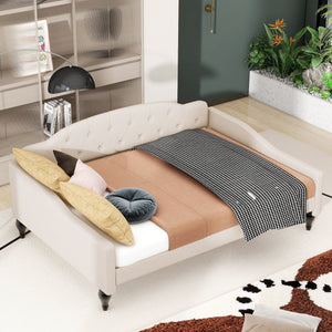 Beige + Upholstered + Box Spring Not Required + Linen + Wood