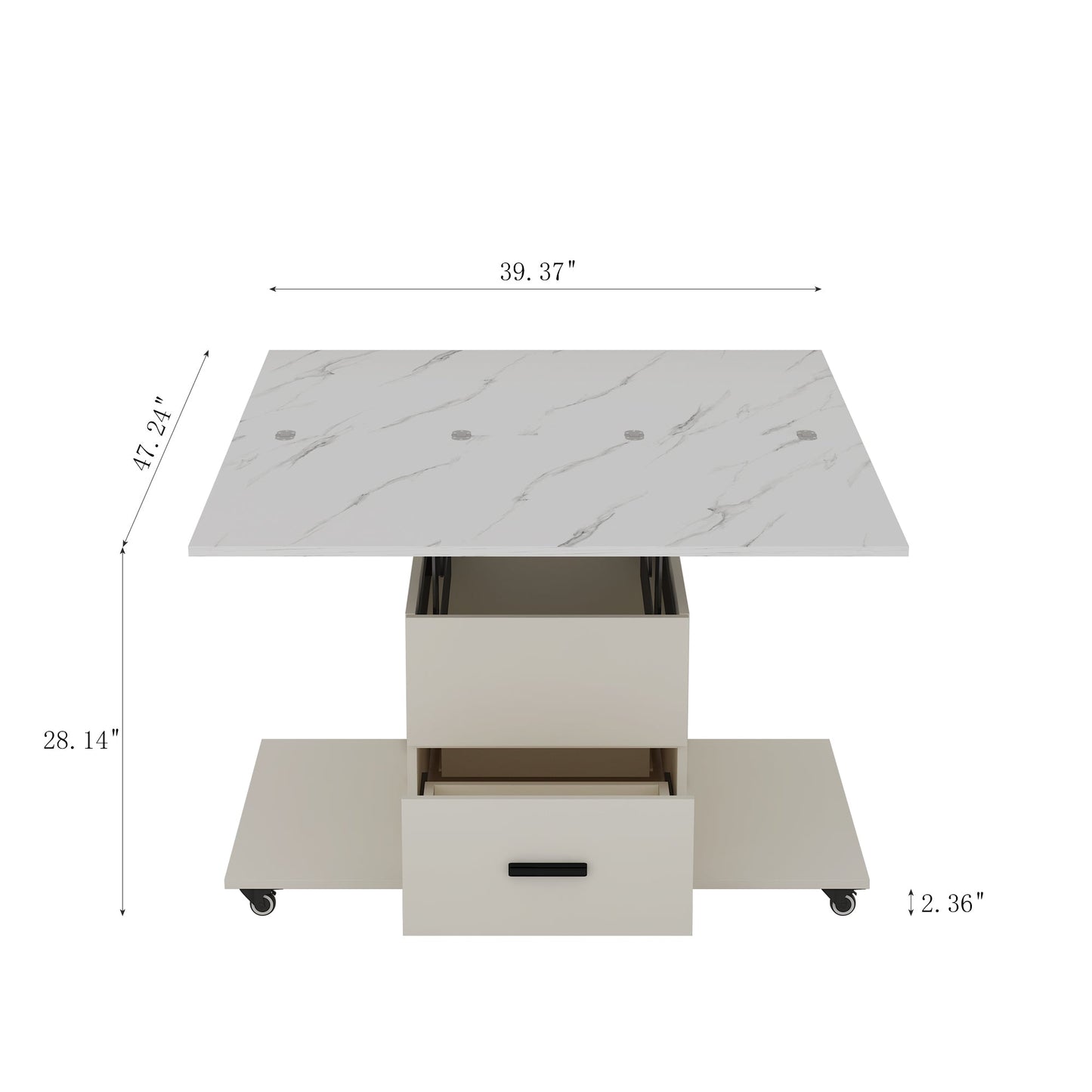 Modern lift coffee table, living room with 4 chairs, expandable 1 hidden storage space+2 drawers, folding dining table