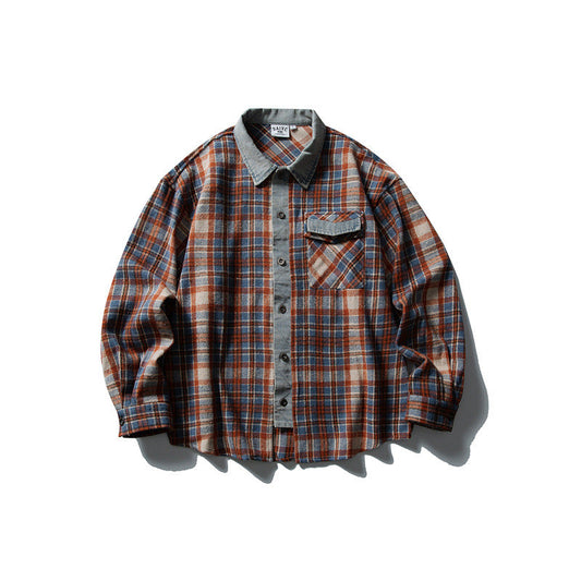 Color blocked denim patchwork brushed plaid shirt for men and women