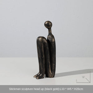 Matchstick Man Sculpture Looking Up (Black Gold) Solid