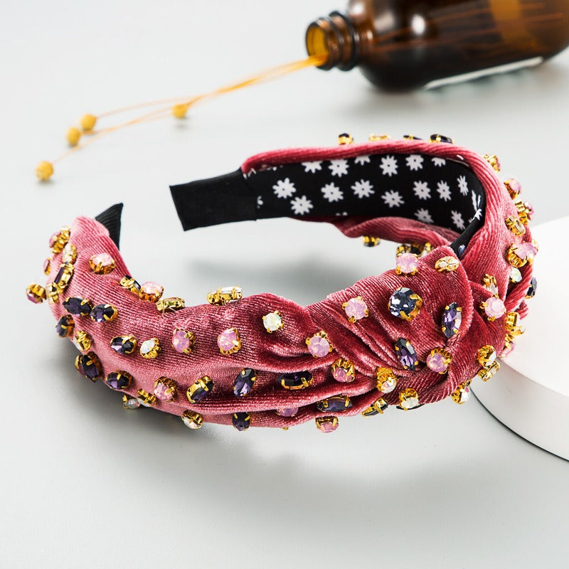 Fashionable gold velvet hand sewn full diamond hairband