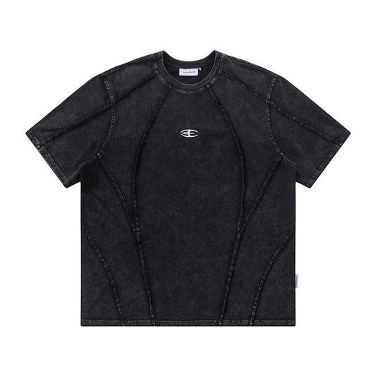 Spliced Raw Edge Short Sleeve T-Shirt Unique Design Hip Hop Men's Washed Vintage Casual Tee