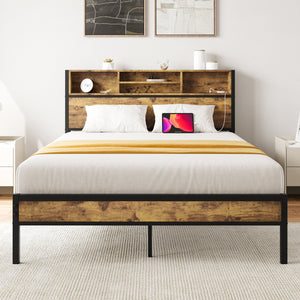 Black + Metal & Wood + Bedroom + Full + Bed Frame + Box Spring Not Required