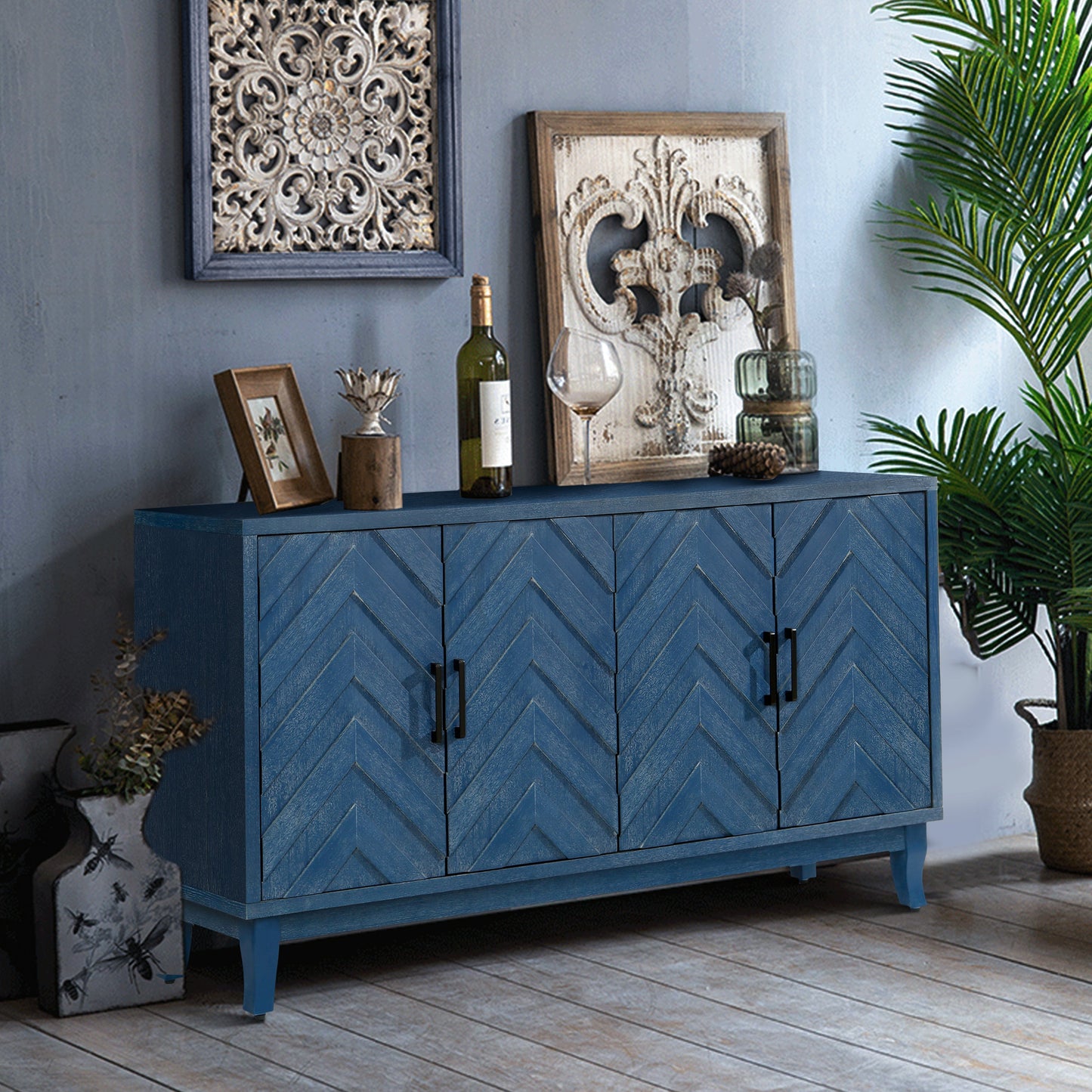 Stronger Vintage Style Buffet Cabinet Lacquered Accent Storage 4 Door Wooden
