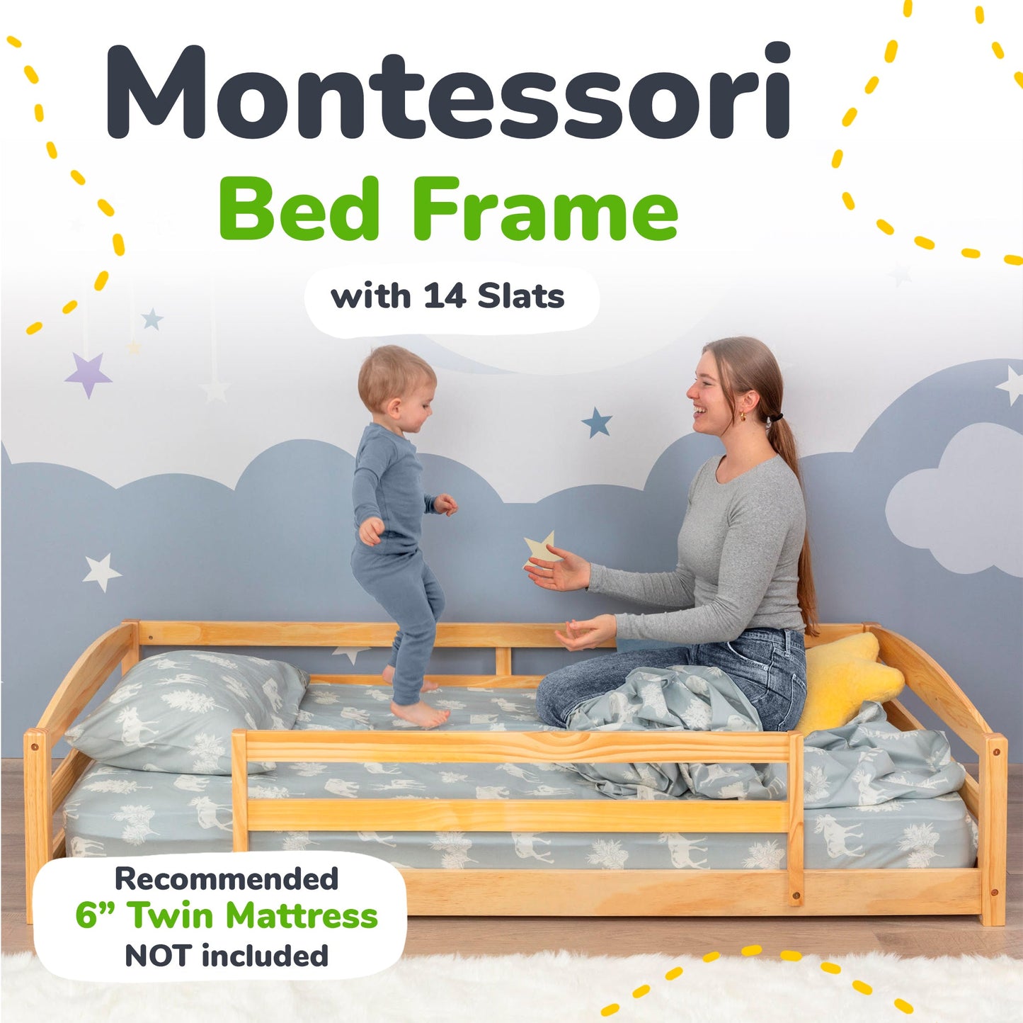 Twin Floor Bed with Safety Guardrails for Kids - Montessori Inspired