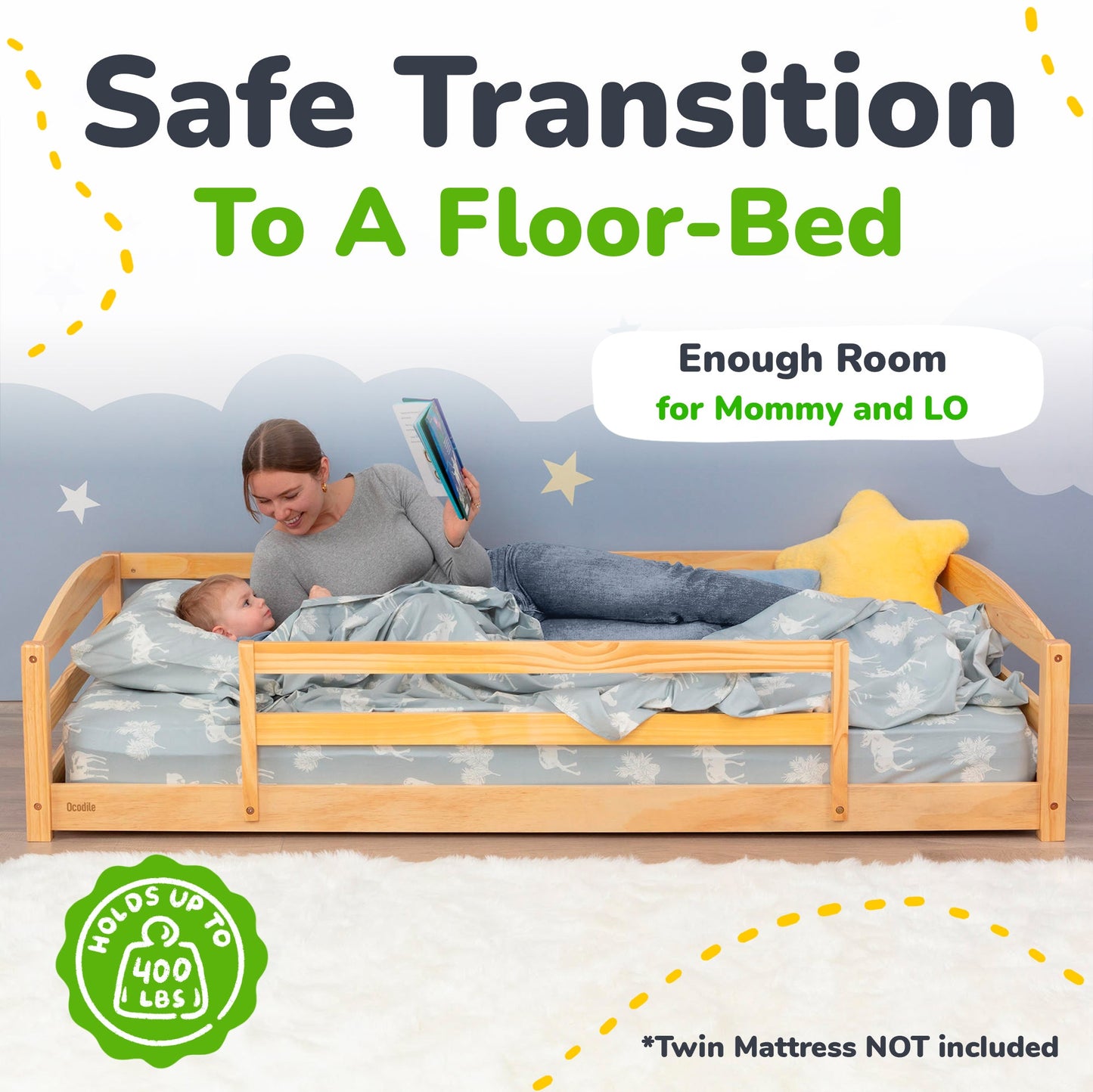 Twin Floor Bed with Safety Guardrails for Kids - Montessori Inspired