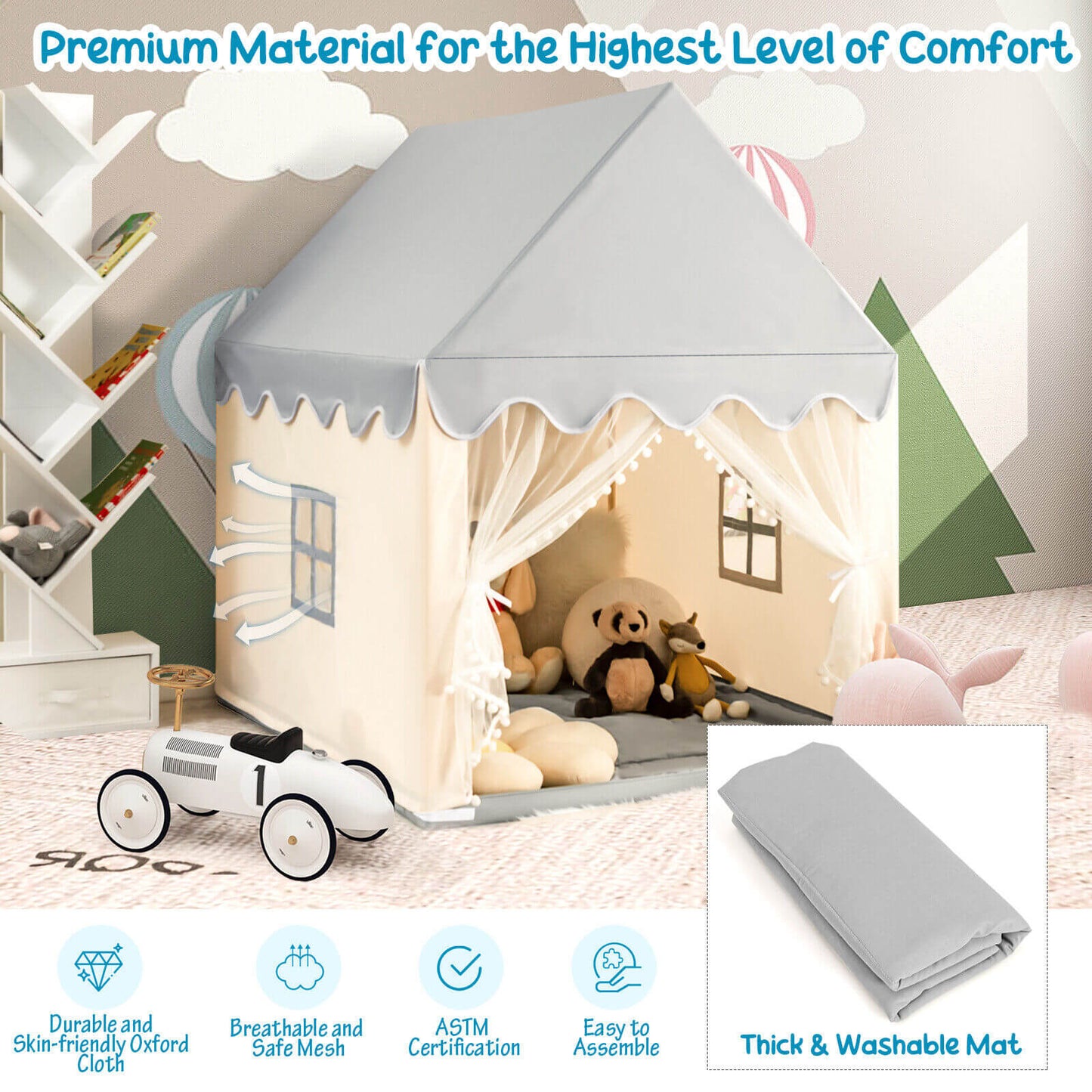 Kids Large Play Castle Fairy Tent with Mat-Beige