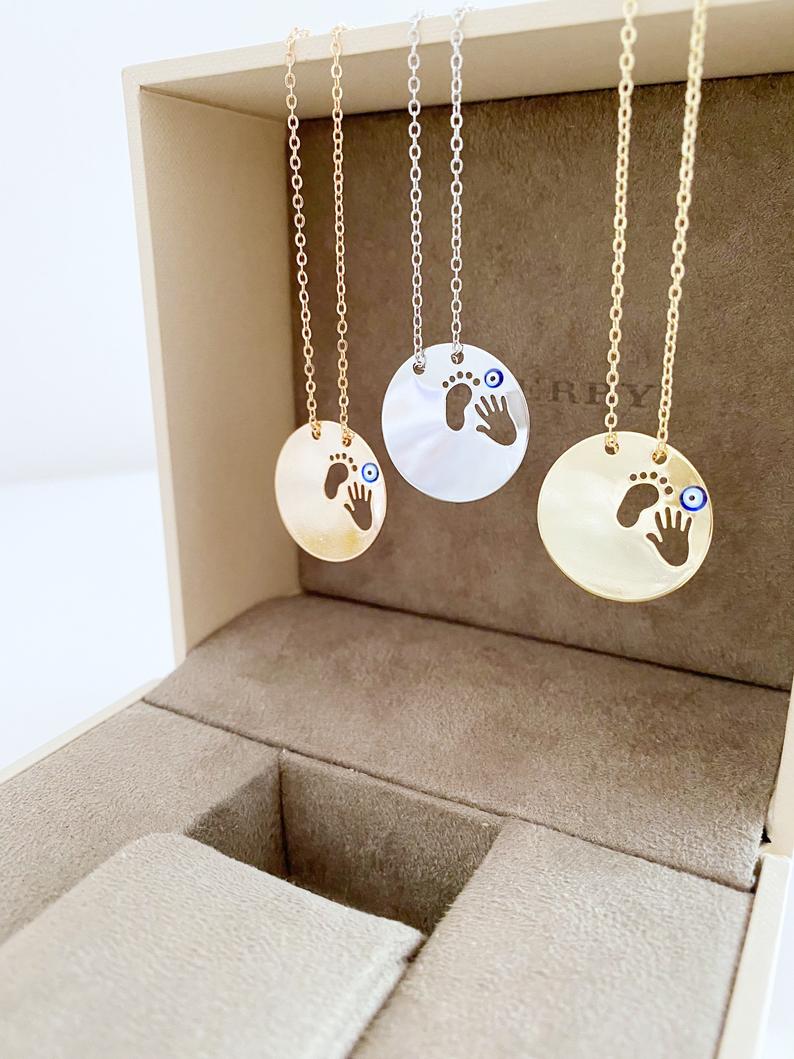 New Baby Necklace, Evil Eye Necklace, Foot Hand print, New Mom