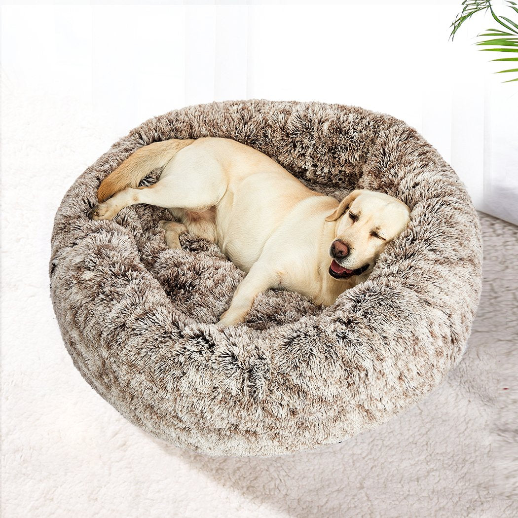 Pet Bed Cat Dog Donut Nest Calming Mat Soft Plush Kennel Coffee M