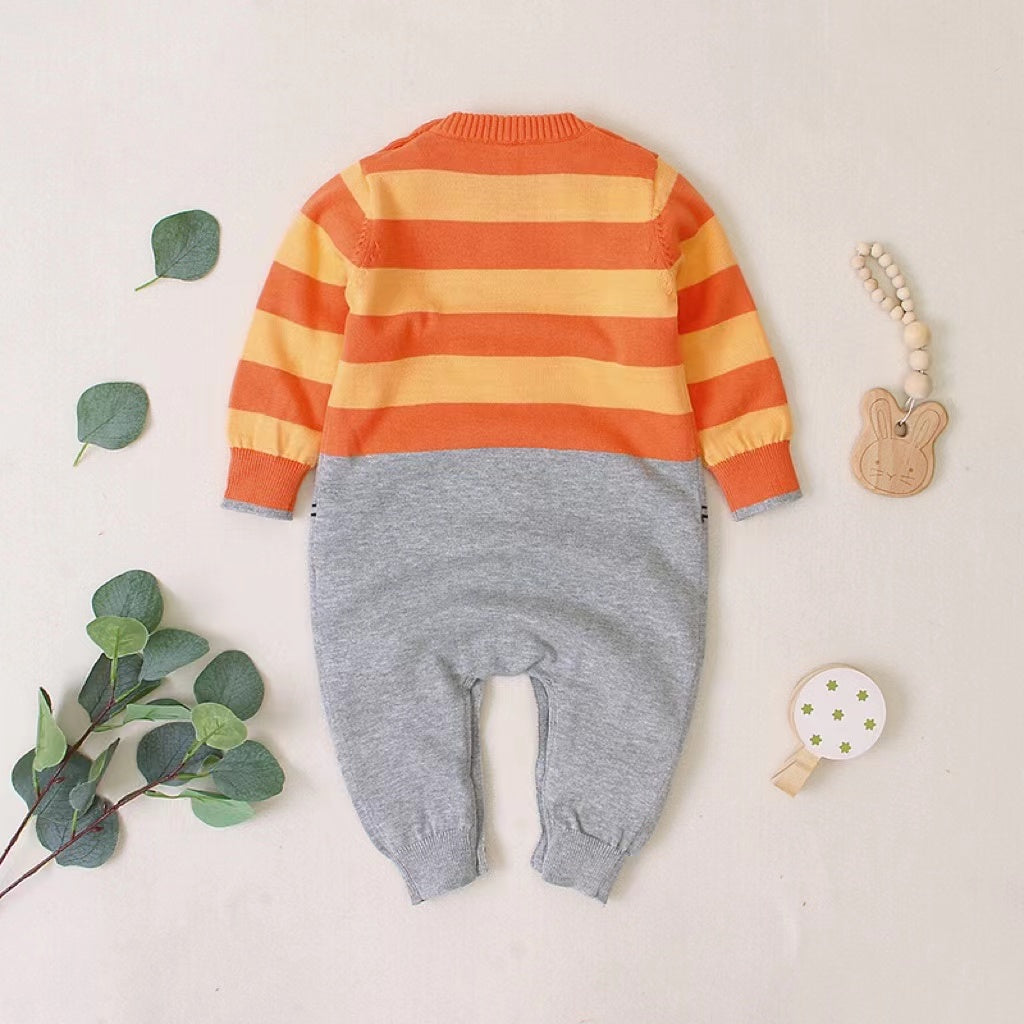 Baby Bunny Embroidery Striped Pattern Contrast Knitted Romper