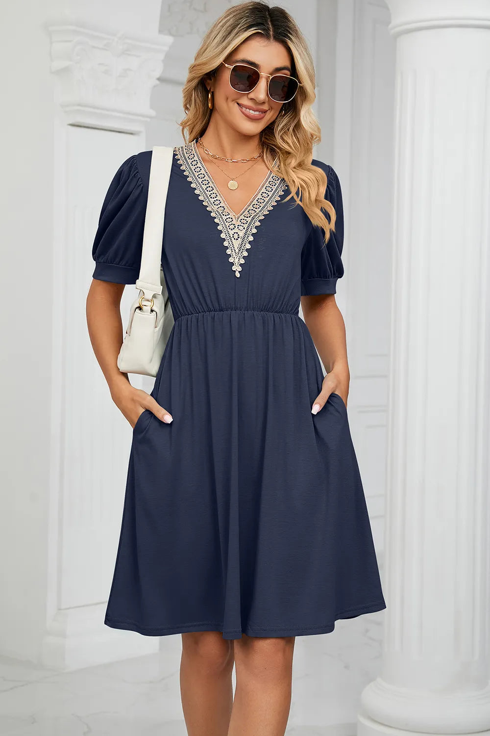 Solid color lace patchwork V-neck short sleeved pocket waist cinching dress