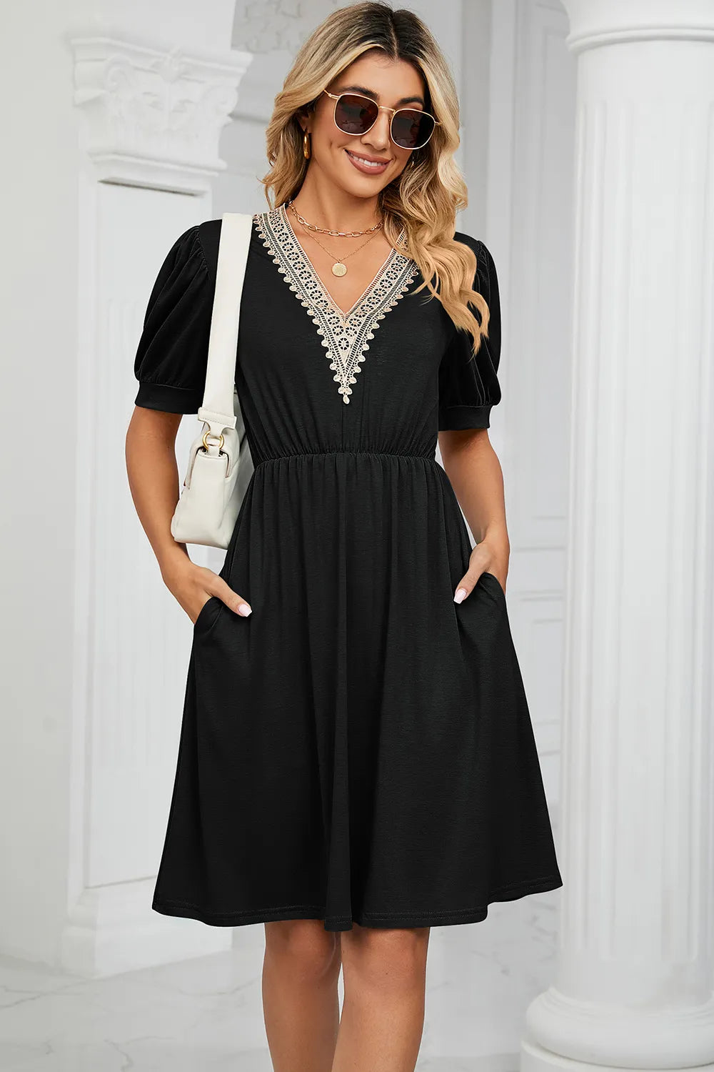 Solid color lace patchwork V-neck short sleeved pocket waist cinching dress