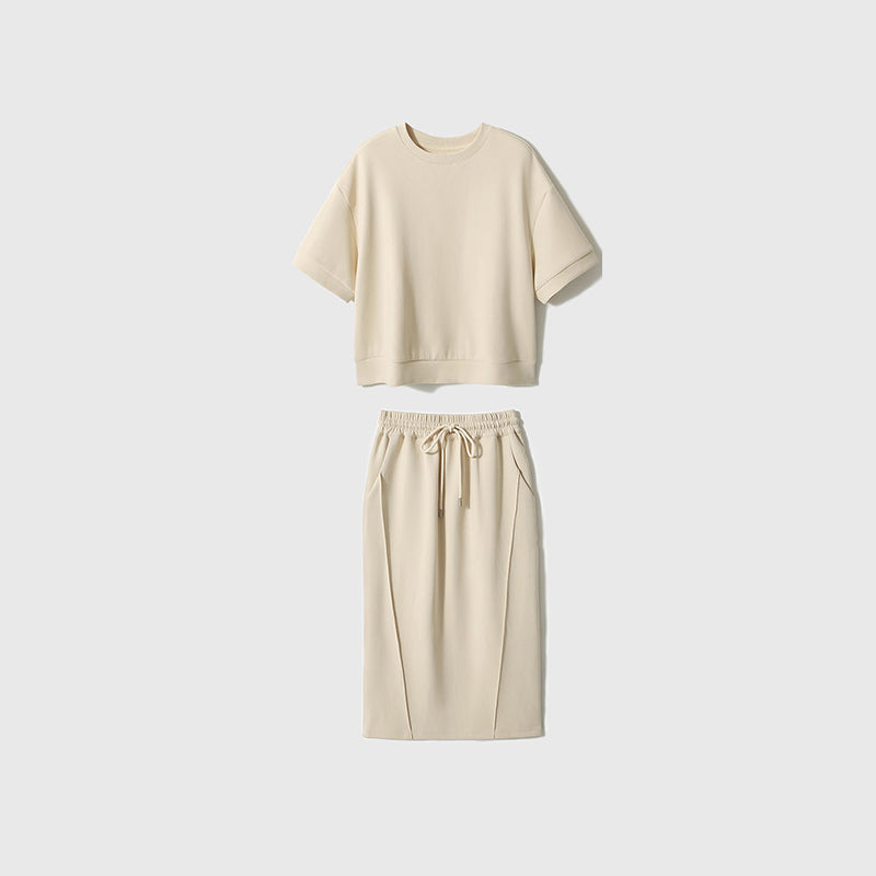 Sports and leisure lazy suit women's soft air cotton short sleeved top+split half skirt two-piece set