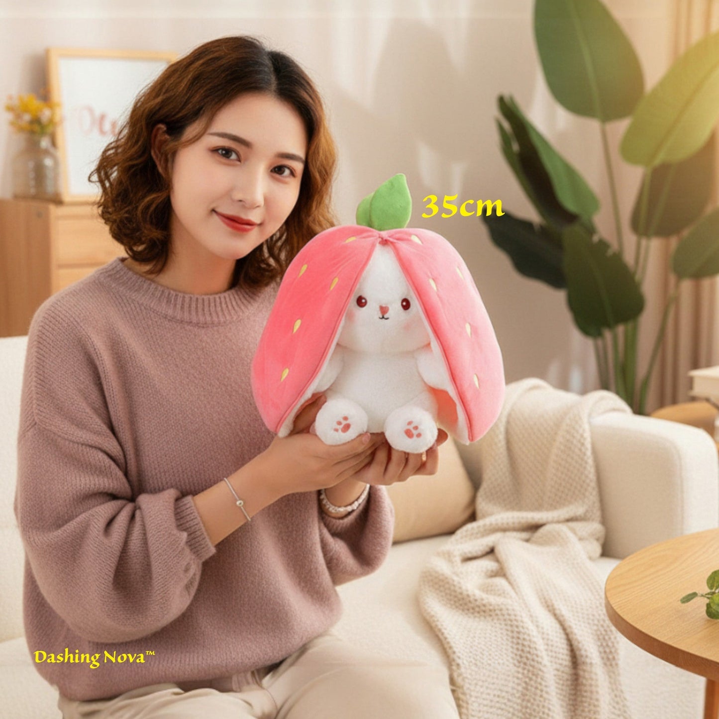 Reversible Strawberry Bunny Plush Toy Soft Polyester Kids Easter Basket Stuffer Gift Birthday Surprise for Girls and Boys