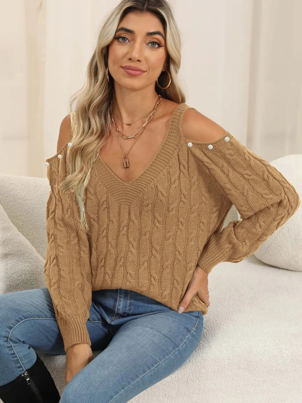 Women's autumn and winter deep V sexy off shoulder loose pullover sweater top for women